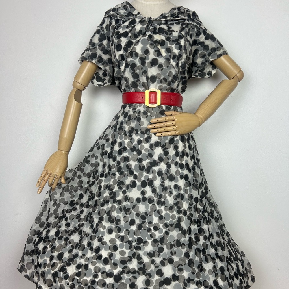 1950’s Vintage BLACK & WHITE Polkadot Polka Dot Chiffon Overlay Party Dress L XL